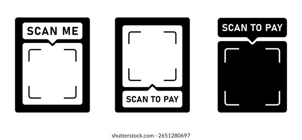 Scan me and scan to pay black frame set. QR code, barcode, scan here, printable scan here sticker template. Vector illustration on transparent png background.
