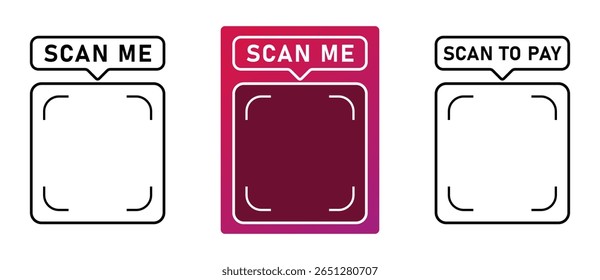 Scan me and scan to pay black frame set. QR code, barcode, scan here, printable scan here sticker template. Vector illustration on transparent png background.