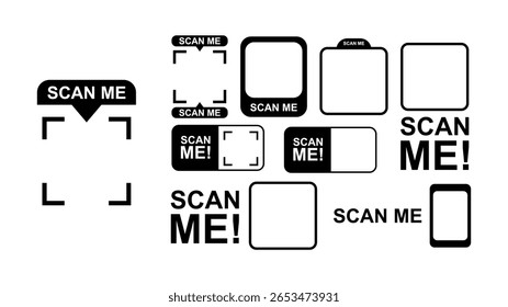Scan Me QR code frame and sticker set. A collection of various call-to-action (CTA) templates for scanning with a smartphone camera.