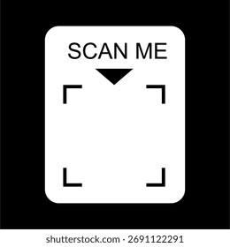 "Scan Me" QR quadro de código e adesivo com uma seta de ponteiro. Um modelo vetorial em preto-e-branco para instruções de digitalização móvel e marketing.
