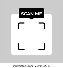 Quadro de código QR "Scan Me" com balão de fala flutuante. Um ícone de vetor moderno com um espaço reservado para um código digitalizável, para uma interface de aplicativo criativo.