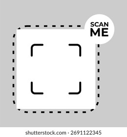 Quadro de código QR "Scan me" com uma borda de linha tracejada. Um modelo vetorial moderno semelhante a um cupom para marketing e promoções.