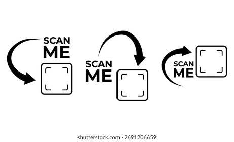 Ícone do código QR "Scan Me" com setas curvas. Uma coleção de símbolos vetoriais com vários estilos de ponteiro para orientar os usuários a digitalizarem.