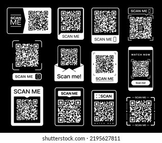 Scan me. QR code sticker icons. Phone barcode scanner, smartphone digital payment vector tags, mobile application quick ID or identity pass, web link QR code stickers