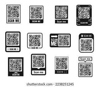 Scan me QR code sticker icons. Phone barcode scanner, application qrcode symbol, product info or identity vector tag, shop quick cashless payment scan me with pictograms or stickers