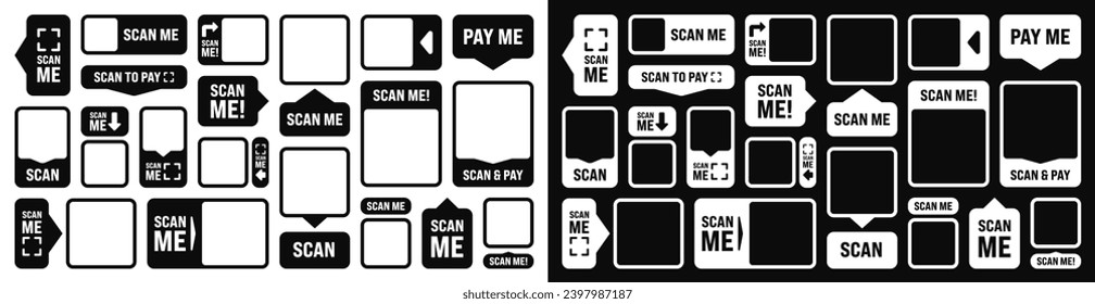 Scan me QR code sticker. Online payment. Special offer sale stickers, shopping discount label or promotional badge. Serial number, product ID. Supermarket retail label, price tag. Vector illustration
