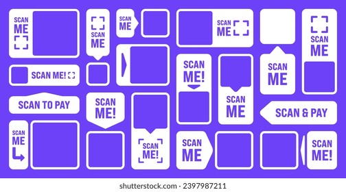 Scan me QR code sticker. Online payment. Special offer sale stickers, shopping discount label or promotional badge. Serial number, product ID. Supermarket retail label, price tag. Vector illustration