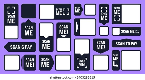 Scan me QR code sticker. Online payment. Special offer sale stickers, shopping discount label or promotional badge. Serial number, product ID. Supermarket retail label, price tag. Vector illustration