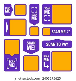 Scan me QR code sticker. Online payment. Special offer sale stickers, shopping discount label or promotional badge. Serial number, product ID. Supermarket retail label, price tag. Vector illustration