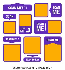 Scan me QR code sticker. Online payment. Special offer sale stickers, shopping discount label or promotional badge. Serial number, product ID. Supermarket retail label, price tag. Vector illustration