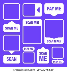 Scan me QR code sticker. Online payment. Special offer sale stickers, shopping discount label or promotional badge. Serial number, product ID. Supermarket retail label, price tag. Vector illustration