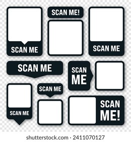 Scan me QR code sticker. Online payment. Special offer sale stickers, shopping discount label or promotional badge. Serial number, product ID. Supermarket retail label, price tag. Vector illustration