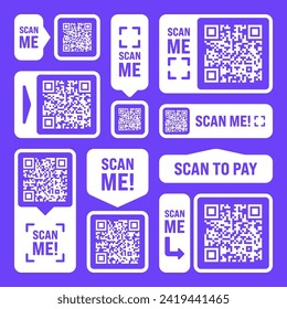 Scan me QR code sticker. Online payment. Special offer sale stickers, shopping discount label or promotional badge. Serial number, product ID. Supermarket retail label, price tag. Vector illustration