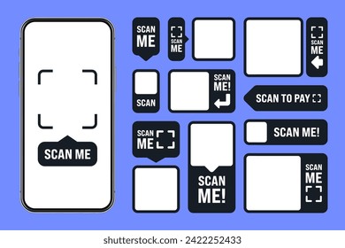 Scan me QR code sticker. Online payment. Special offer sale stickers, shopping discount label or promotional badge. Serial number, product ID. Supermarket retail label, price tag. Vector illustration