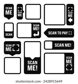 Scan me QR code sticker. Online payment. Special offer sale stickers, shopping discount label or promotional badge. Serial number, product ID. Supermarket retail label, price tag. Vector illustration.