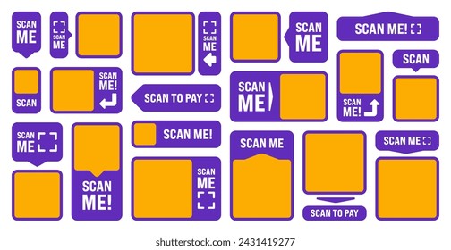 Scan me QR code sticker. Online payment. Special offer sale stickers, shopping discount label or promotional badge. Serial number, product ID. Supermarket retail label, price tag. Vector illustration.