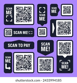 Scan me QR code sticker. Online payment. Special offer sale stickers, shopping discount label or promotional badge. Serial number, product ID. Supermarket retail label, price tag. Vector illustration