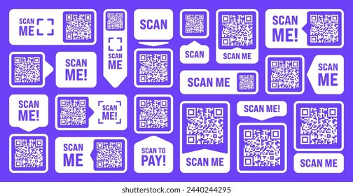 Scan me QR code sticker. Online payment. Special offer sale stickers, shopping discount label or promotional badge. Serial number, product ID. Supermarket retail label, price tag. Vector illustration