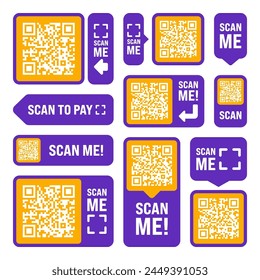 Scan me QR code sticker. Online payment. Special offer sale stickers, shopping discount label or promotional badge. Serial number, product ID. Supermarket retail label, price tag. Vector illustration