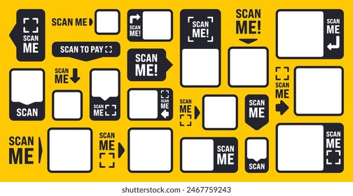 Scan me QR code sticker with text. Online payment. Special offer sale stickers, shopping discount label, promotional badge. Product serial number. Supermarket retail price tag. Vector illustration