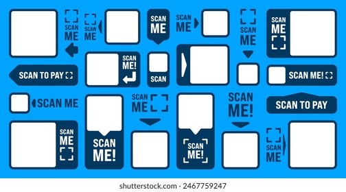 Scan me QR code sticker with text. Online payment. Special offer sale stickers, shopping discount label, promotional badge. Product serial number. Supermarket retail price tag. Vector illustration