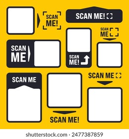 Scan me QR code sticker with text. Online payment. Special offer sale stickers, shopping discount label, promotional badge. Product serial number. Supermarket retail price tag. Vector illustration.
