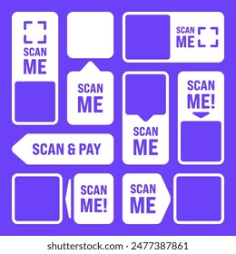 Scan me QR code sticker with text. Online payment. Special offer sale stickers, shopping discount label, promotional badge. Product serial number. Supermarket retail price tag. Vector illustration.