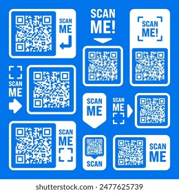 Scan me QR code sticker with text. Online payment. Special offer sale stickers, shopping discount label, promotional badge. Product serial number. Supermarket retail price tag. Vector illustration