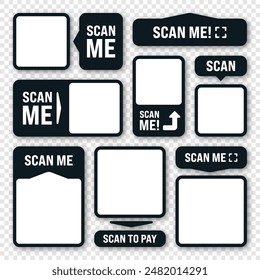Scan me QR code sticker with text. Online payment. Special offer sale stickers, shopping discount label, promotional badge. Product serial number. Supermarket retail price tag. Vector illustration.