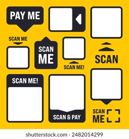 Scan me QR code sticker with text. Online payment. Special offer sale stickers, shopping discount label, promotional badge. Product serial number. Supermarket retail price tag. Vector illustration.