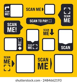 Scan me QR code sticker with text. Online payment. Special offer sale stickers, shopping discount label, promotional badge. Product serial number. Supermarket retail price tag. Vector illustration.