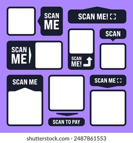 Scan me QR code sticker with text. Online payment. Special offer sale stickers, shopping discount label, promotional badge. Product serial number. Supermarket retail price tag. Vector illustration.