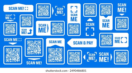 Scan me QR code sticker with text. Online payment. Special offer sale stickers, shopping discount label, promotional badge. Product serial number. Supermarket retail price tag. Vector illustration