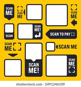 Scan me QR code sticker. Online payment. Special offer sale stickers, shopping discount label or promotional badge. Serial number, product ID. Supermarket retail label, price tag. Vector illustration.