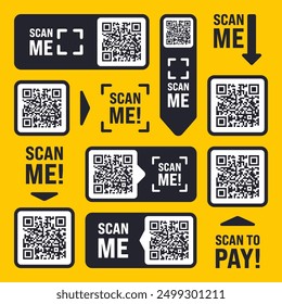 Scan me QR code sticker with text. Online payment. Special offer sale stickers, shopping discount label, promotional badge. Product serial number. Supermarket retail price tag. Vector illustration