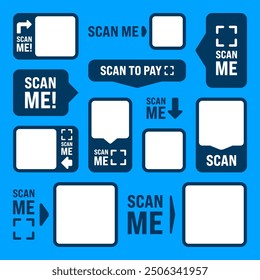 Scan me QR code sticker with text. Online payment. Special offer sale stickers, shopping discount label, promotional badge. Product serial number. Supermarket retail price tag. Vector illustration.