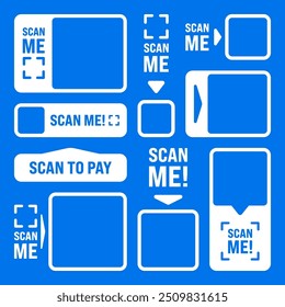 Scan me QR code sticker with text. Online payment. Special offer sale stickers, shopping discount label, promotional badge. Product serial number. Supermarket retail price tag. Vector illustration.