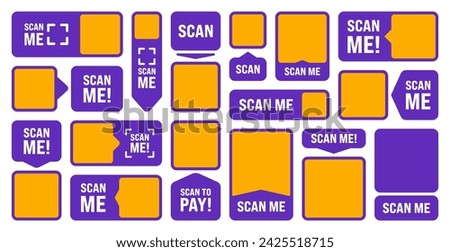 Scan me QR code sticker. Online payment. Special offer sale stickers, shopping discount label or promotional badge. Serial number, product ID. Supermarket retail label, price tag. Vector illustration