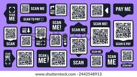 Scan me QR code sticker. Online payment. Special offer sale stickers, shopping discount label or promotional badge. Serial number, product ID. Supermarket retail label, price tag. Vector illustration