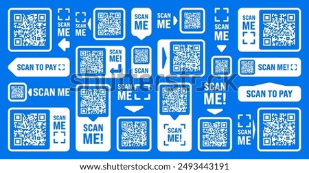 Scan me QR code sticker with text. Online payment. Special offer sale stickers, shopping discount label, promotional badge. Product serial number. Supermarket retail price tag. Vector illustration
