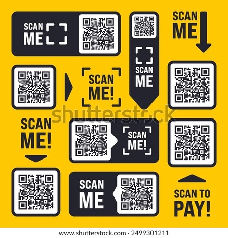 Scan me QR code sticker with text. Online payment. Special offer sale stickers, shopping discount label, promotional badge. Product serial number. Supermarket retail price tag. Vector illustration