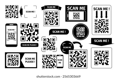 Scan me qr codes. Black barcodes for digital payments, ticket or personal id. Smartphone information, electronic wallet badges recent vector set