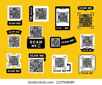 Scan me sign collection vector flat illustration. Set monochrome QR codes template binary identity cyberspace information matrix message tag business internet communication. Barcode, qrcode