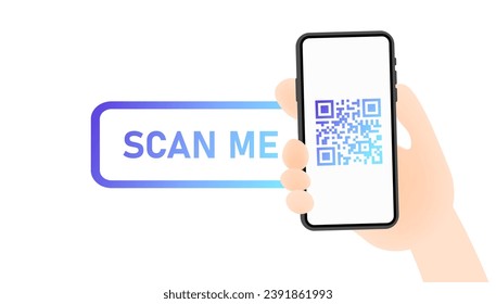 Scan me sign. Flat, blue, phone in hand, qr-code on the phone screen, scan me sign. Vector icon