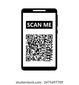 Escanéame, firma la información por código QR. Vector de la etiqueta móvil, icono del teléfono inteligente, mensaje de la etiqueta engomada del símbolo, tecnología instantánea digital, ilustración de pantalla del App del teléfono