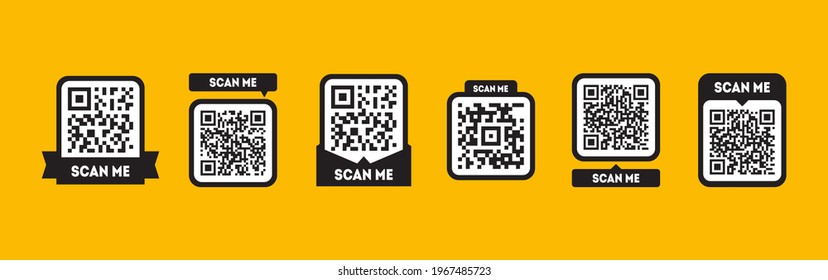 Scan me tag set with QR codes. Qrcode icon for mobile app isolated on yellow background
