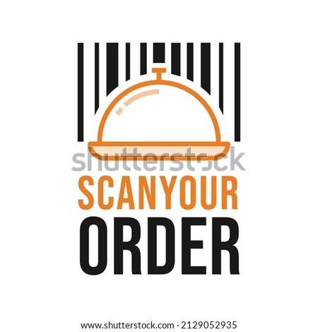 Scan for menu and order. QR code scan icon. Customer service. Food Menu Scan Barcode Logo.