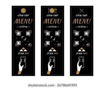 Buscar menú y orden. Conjunto de icono de escaneo de código QR. Concepto móvil de entrega de alimentos. Servicio al cliente. Ilustración vectorial. 