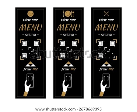 Scan for menu and order. Set of QR code scan icon. Mobile Food delivery concept. Customer service. Vector illustration. 