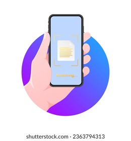 Scan on your phone. Flat, color, phone in hand, phone screen, QR code scanning. Vector illustration